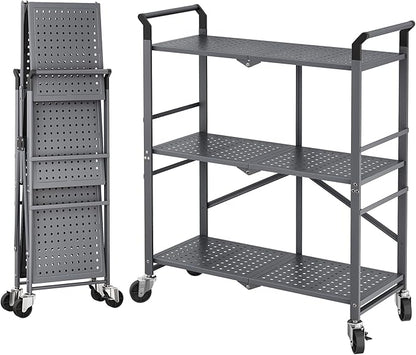 3 Tier Utility Carts - Folding Metal Rolling Cart with Wheels for Kitchen Office Garage Storage, Grey