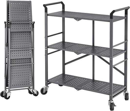 3 Tier Utility Carts - Folding Metal Rolling Cart with Wheels for Kitchen Office Garage Storage, Grey