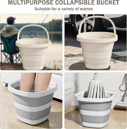 Collapsible Utility Bucket with Handle, 10L Sizes, Multi-Purpose for Foot Bath, Cleaning, Storage, Beige (Grey)