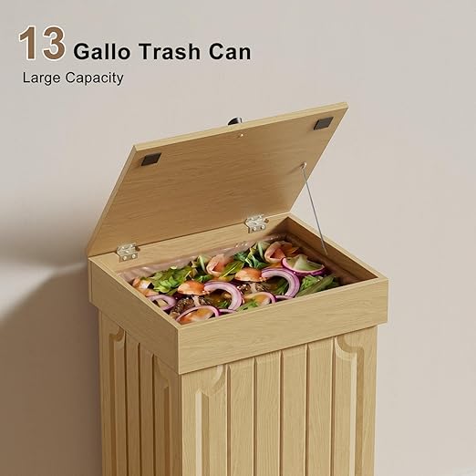 Povrgive Wood Trash Can Cabinet, 13 Gallon Hidden Kitchen Garbage Can with Lid, Farmhouse Dog Proof Trash Can, Metal Ring Included, 16" L x 13" W x 26.5" H, Wood