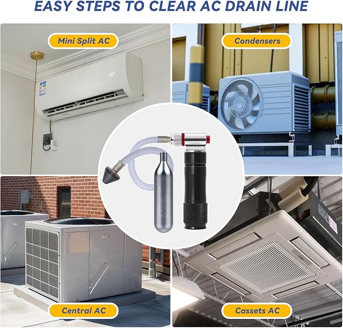 Upgraded Drain Device, AC Drain Line Cleaner Device, AC Drains Line Unclogger Tool, with 6 Unthreaded CO2 Cartridges, with a Flexible Hose to Clear All HVAC Clogs,16 Gram Unthreaded CO2,Black