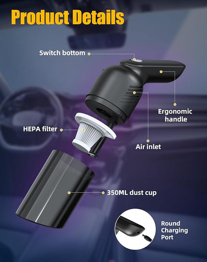 Handheld Vacuum Cordless, Car Vacuum Portable Cordless with 12000PA Strong Suction, Multi-Nozzles & 2 Washable Filters, 0.9lb Lightweight, Mini Hand Vacuum Cleaner for Car, Home, Office, Pet Hair