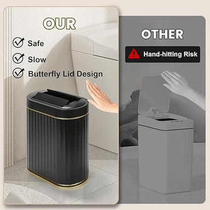 ELPHECO Bathroom Trash Can with Lid Butterfly, Motion Sensor Trash Can Bathroom Decor Automatic Garbage Can Wastebasket Bathroom Accessories, Kitchen, Living Room, Office, Black Gold