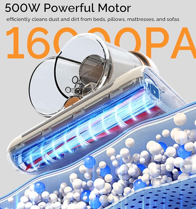 Vacuum Bed Cleaner, 500W, 16Kpa Suction, HEPA Filter, UV-C Light, 30000 RPM Brushroll, Ultrasonic Tech, Widened Suction Port, Corded