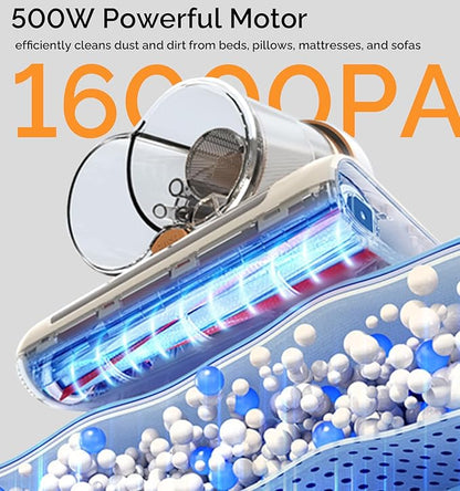 Vacuum Bed Cleaner, 500W, 16Kpa Suction, HEPA Filter, UV-C Light, 30000 RPM Brushroll, Ultrasonic Tech, Widened Suction Port, Corded