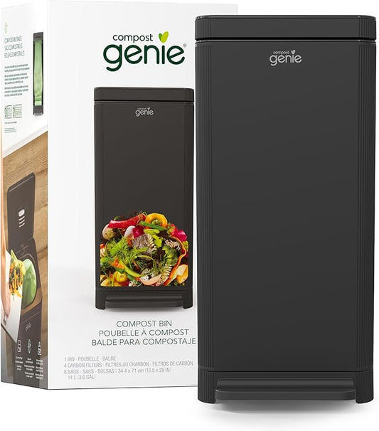 Kitchen Compost Bin, Black Stainless-Steel Large, 3.6 Gallon, Indoor Odorless Composting, Hands-Free, Washable Parts, Includes 8 Tear-Off Compostable Bags and 1 Carbon Filter