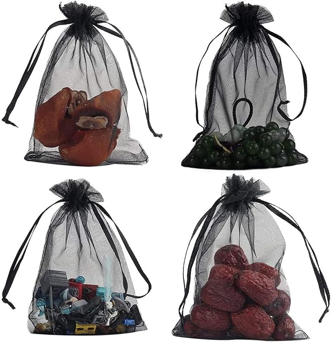 100 Pcs Per Pack 5x7 Gifts Wrap Bags Black, Organza Sheer Fabric, Drawstring Transparent Mesh Bags for Baby Shower Favor,Anniversary,Dried Lavender Flowers,Confetti,Women Lipstick,Halloween,Travel