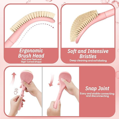 Foot Brush & Back Scrubber Set, 27.5'' Adjustable Foot Scrubber for Shower, 18.9'' Shower Back Scrubber with 3-Length Usage, Great Aid for People with Limited Mobility(Pink Set)