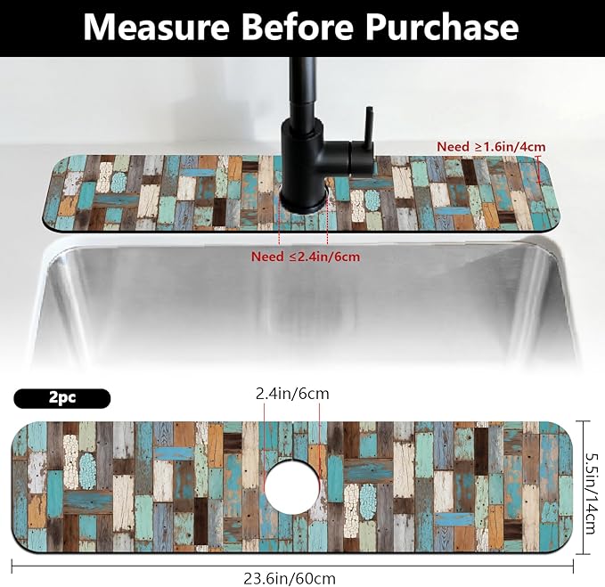 2 Pcs Flowers Kitchen Sink Splash Guard Faucet Mat Plants Floral Patterns Faucet Mat for Sinks Absorbing Drying Mats for Kitchen Bathroom, 23.6x5.5inch