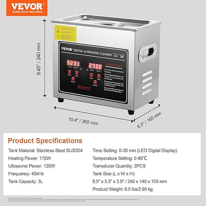 VEVOR Ultrasonic Cleaning Machine with Digital Timer & Heater, Professional Jewelry Cleaner, Stainless Steel Heated Cleaning Machine for Glasses Watch Rings Small Parts Circuit Board (3L)