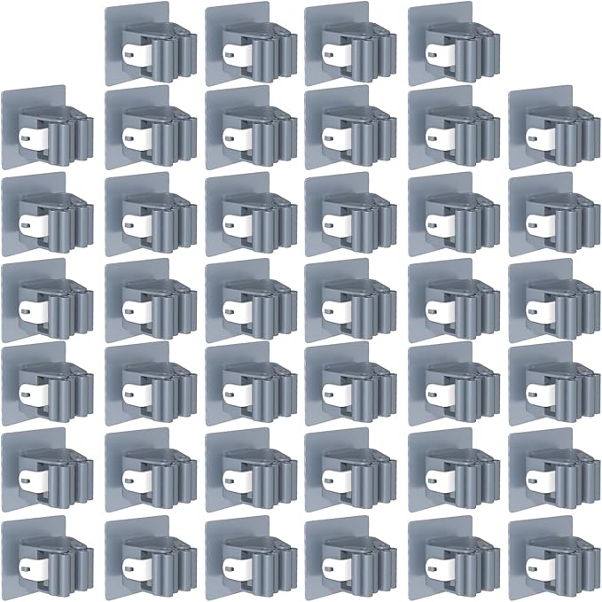 3-H 40-Pack Self Adhesive Broom Holder Wall Mount - Heavy Duty No Drill Broom Organizer for Garage Closet Kitchen, Plastic Storage Rack for Brooms Mops Tools, Grey