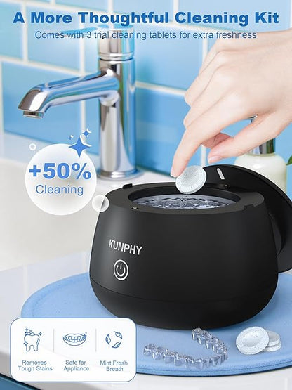 KUNPHY Ultrasonic Retainer Cleaner Machine, 48kHz Dental Cleaning Pod for Braces, Night Guard, Mouthguard, Toothbrush, Denture, Jewelry Black