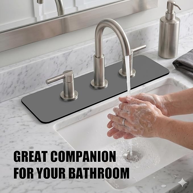 2PCS Faucet Mat for Bathroom Sink 3 Holes: 18’’Lx5.5’’W Splash Guard Fits 8 Inch Widespread Faucet for Vanity & Vintage Bridge Kitchen Faucet - Trimmable Drip Catcher for Irregular Sink, Grey