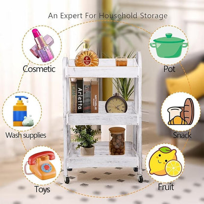 3-Tier Wooden Rolling Cart- Wooden Utility Cart wit Wheels- Utility Rolling Cart-Storage Trolley Organizer- Rolling Kitchen Serving Cart for Office,Kitchen, Kids' Room (Retro White)
