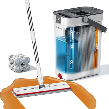 HoMettler Mop and Bucket Set, 3-Tank Flat Mop and Bucket System for Separate Dirty & Clean Water, 65" Mops for Floor Cleaning with 4 Washable Pads, Safe for Hardwood, Vinyl, Tile, Baseboards, Walls