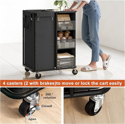 WOWLIVE Laundry Sorter with Wheels 100L Rolling Laundry Hamper with Hanging and Removable Bag Laundry Cart with Steel Frame and Storage Unit Large Basket Organizer for Dorm Room, Bathroom (Black)