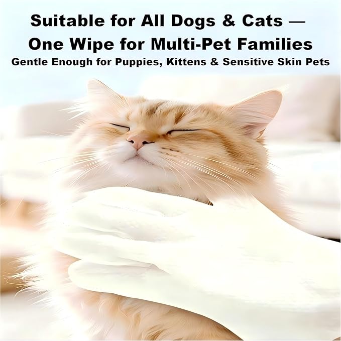 Pet Glove Wipes, No Rinse Deodorizing Mittens for Sphynx, Devon Rex, Cats & Dogs, Thickened Hypoallergenic with Aloe Vera, Unscented Full Body Grooming, Daily Care & Travel, 6 Count