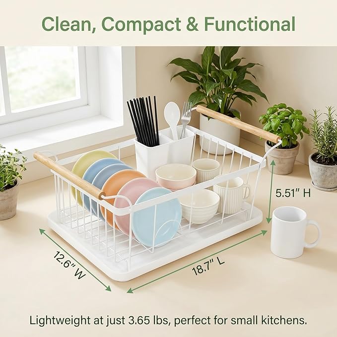 Dish Racks for Kitchen Counter, Thickened Metal Dish Drying Rack with Wooden Handles, Kitchen Countertop Organizer for Dishes, Spoons and Forks, No Assembly, White, 18.7''*12.6''*5.51''