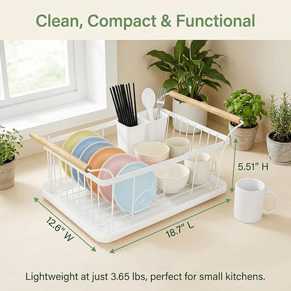 Dish Racks for Kitchen Counter, Thickened Metal Dish Drying Rack with Wooden Handles, Kitchen Countertop Organizer for Dishes, Spoons and Forks, No Assembly, White, 18.7''*12.6''*5.51''