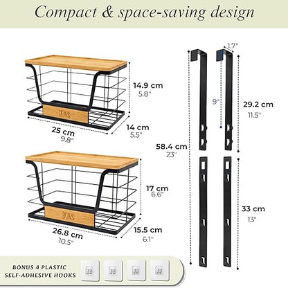 Over-the-Door Trash Bag Holder, Organizer and Dispenser, Stackable 2-Baskets with Heavy-Duty Hooks, 22 lbs Capacity, Carbon Steel, Bonus Adhesive Mounts, Multiuse Kitchen and Home Organizer