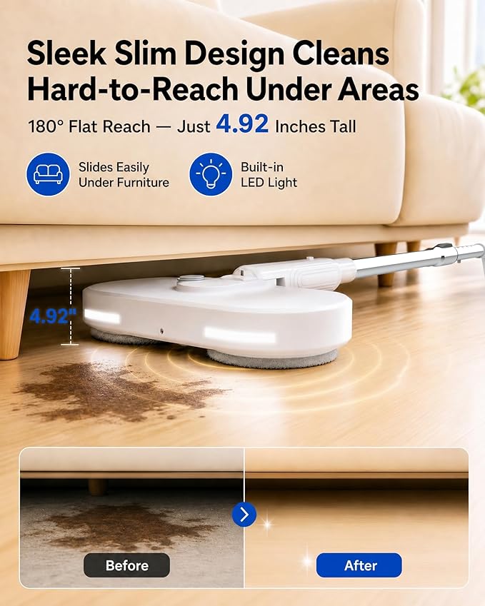 buways Lightweight Cordless Electric Mop, Self-Propelled Electric Spin Mop, Gravity Assist Pressure, 8000mAh Battery, LED Light & Water Spray, for Hardwood, Tile & Laminate Floors