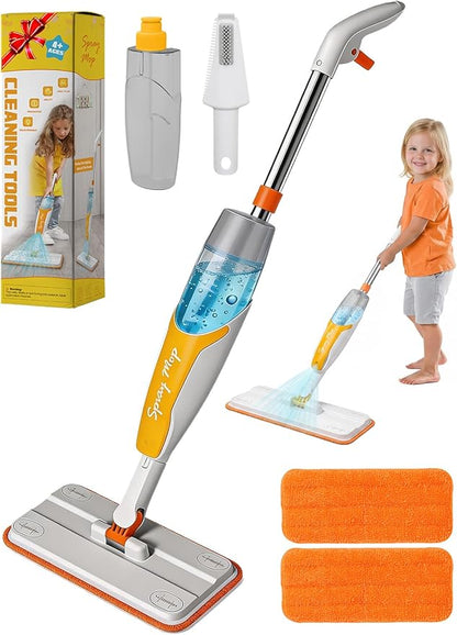 Kids Spray Mop Toy - Real Working Toddler Cleaning Set with 420ML Water Bottle, Scraper & 2 Washable Pads, Montessori Housekeeping Cleaning Toy for Pretend Play