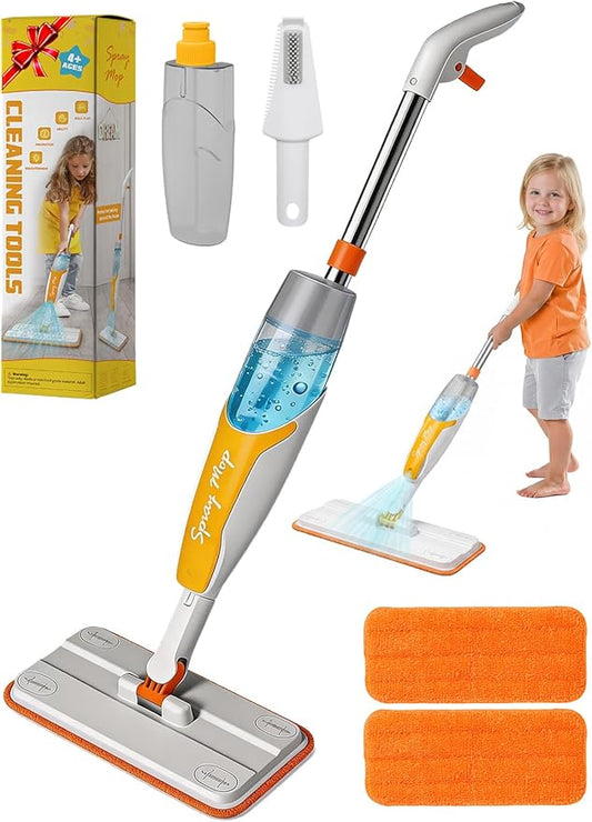 Kids Spray Mop Toy - Real Working Toddler Cleaning Set with 420ML Water Bottle, Scraper & 2 Washable Pads, Montessori Housekeeping Cleaning Toy for Pretend Play