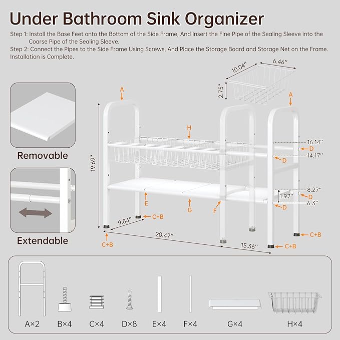 Under Sink Organizer Bathroom 2 Tier,Expandable and Height Adjustable Under Kitchen Sink Organize with Cupboard Shelf,for Kitchen, Bathroom,Laundry Pantry Cabinet,Apartment,White