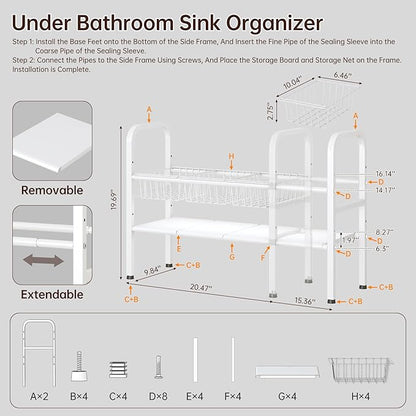 Under Sink Organizer Bathroom 2 Tier,Expandable and Height Adjustable Under Kitchen Sink Organize with Cupboard Shelf,for Kitchen, Bathroom,Laundry Pantry Cabinet,Apartment,White