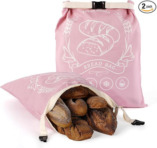 2 Pack Beeswax Bread Bags with Zipper, XL(13x17in) Sourdough Bread Storage for Homemade, Freezer Storage Bag to Keep Fresh, Cotton Beeswax Container, Baguette Bag with Liner, Kitchen Baking (Pink)