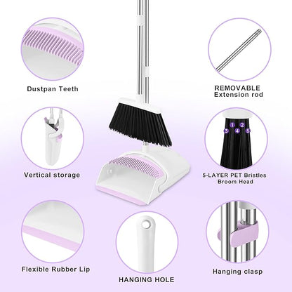 Broom with Dustpan Combo Set for Home, 52-in Long Adjustable Handle Angle Broom and Dustpan Set with Dustpan Comb Teeth for Sweeping Pet Hair Food Dirt Kitchen
