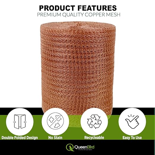QueenBird Copper Mesh Rodent Control – 5" x 30 ft Roll – 100% Pure Copper for Hole Blocking, Distilling & DIY – Includes Scissors & Tool