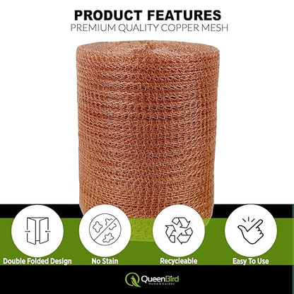 QueenBird Copper Mesh Rodent Control – 5" x 30 ft Roll – 100% Pure Copper for Hole Blocking, Distilling & DIY – Includes Scissors & Tool