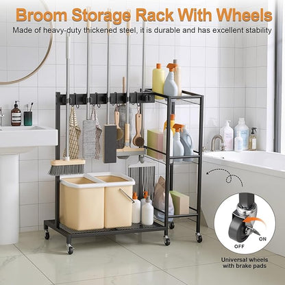 YOXIER Heavy Duty Rolling Tool Cart & Broom Organizer - 3-Tier Steel Cleaning Caddy Cart for Garage Organization Next to Garage Cabinets. Freestanding Rack Beats Any Broom Hanger Wall Mount Black