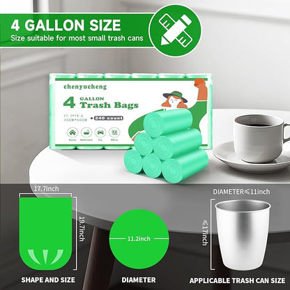 Small Trash Bags Bathroom 4 Gallon-Biodegradable - Green Garbage Bags 4 Gallon Compostable 240 Count Unscented Strong Kitchen Office Car Waste Basket Liners Thick Chenyucheng Bulk