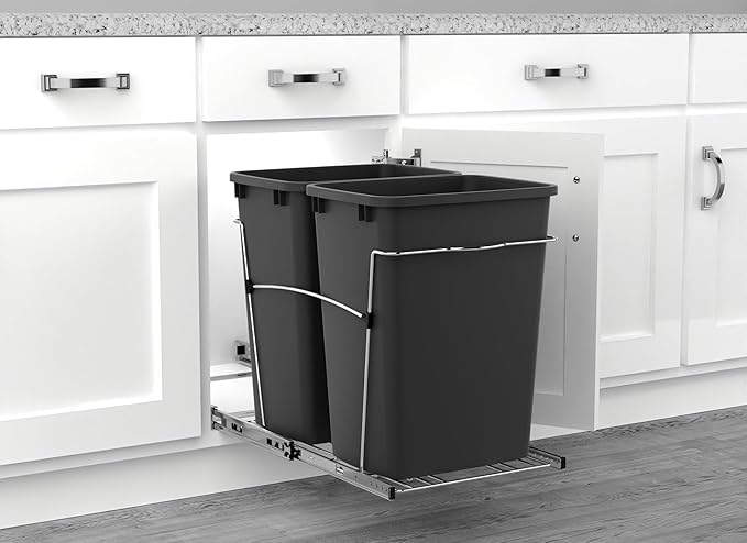 Rev-A-Shelf Double 35 Qt Pullout Trash Can for Base Kitchen Cabinets, Garbage Waste Bin System with Full-Extension Slides, Min Opening Width of 14.5", Black, RV-18KD-18C S