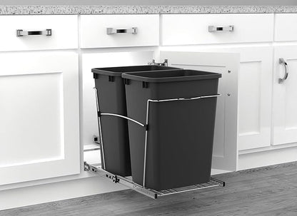 Rev-A-Shelf Double 35 Qt Pullout Trash Can for Base Kitchen Cabinets, Garbage Waste Bin System with Full-Extension Slides, Min Opening Width of 14.5", Black, RV-18KD-18C S