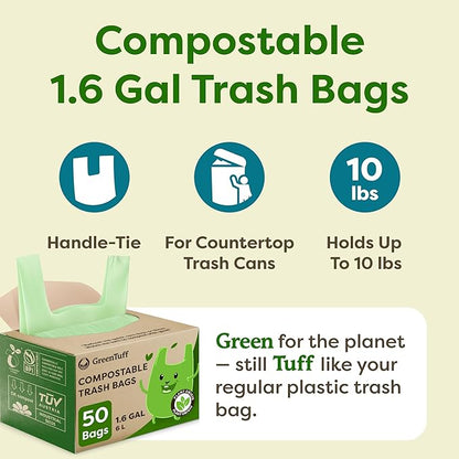 1.6 Gallon Compostable Trash Bags for Bathroom (50 Count) — Small Food Scrap & Bathroom Bin Liners — Thick 0.7 Mil Leak-Resistant Plant-Based Bags — ASTM D6400 BPI Certified