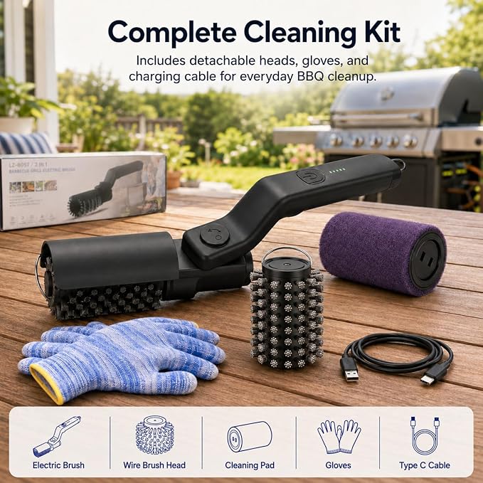 Electric Grill Brush, Cordless BBQ Cleaner for Gas, Charcoal and Smoker Grates, 3 Speed 300 to 400 RPM, 90 Min Runtime, 180 Degree Adjustable Head, Type C Rechargeable