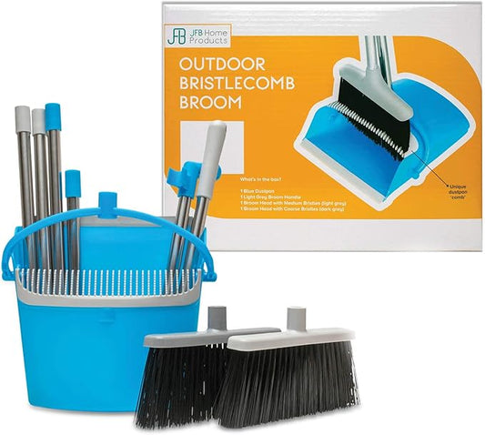 JFB Home Products BristleComb Outdoor Broom & Dustpan Set Upright, 49" Long Adjustable Broom, Long Handle, Self-Cleaning Comb & 2 Interchangeable Heads of Different Stiffness - Medium and Coarse