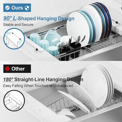 GSlife Expandable Over the Sink Dish Drying Rack with Cup Holder - Stainless Steel Dish Drainer with Locking Knob, Size Adjustable Dryer Strainer for Kitchen, Fit Sink 10.8"-17.9" L, Silver