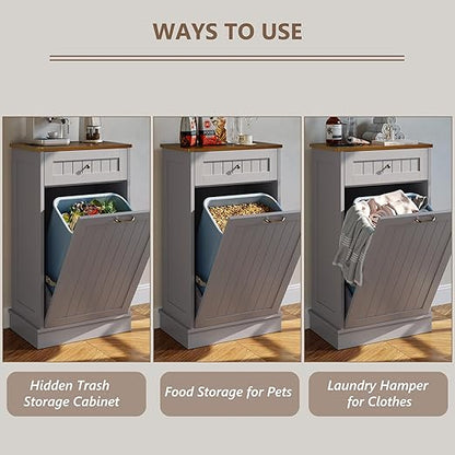 LOUVIXA Tilt Out Trash Can Cabinet, Hidden Trash Cabinet with Drawer, Wooden Dog Proof Trash Can Holder, Tilt Out Laundry Hamper, Garbage Can Holder (Gray)
