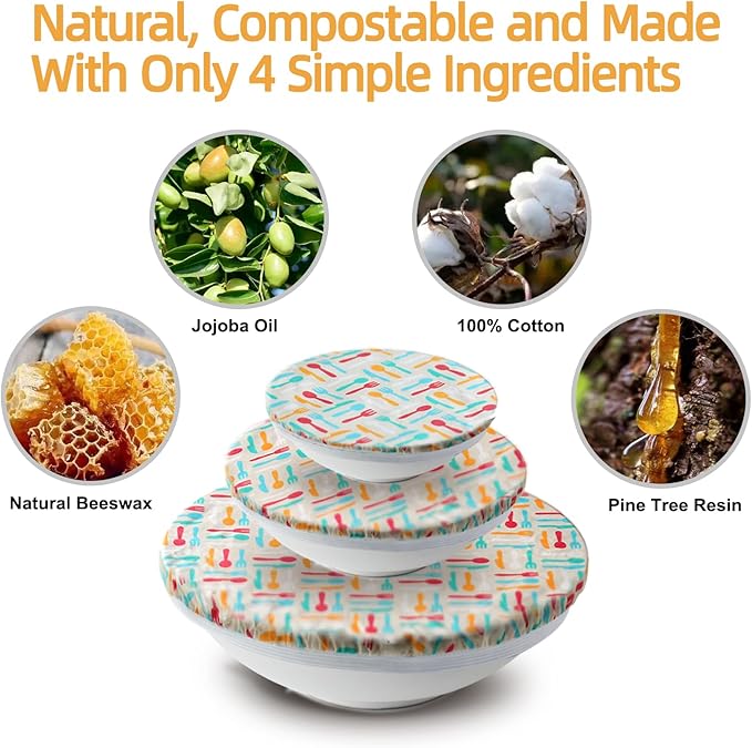 4 PCS Beeswax Reusable Bowl Covers for Bread Proofing Elastic Cloth Bowl Covers for Bread Proofing, Washable Beeswax Wraps For Food for Dough, Salad, and food Storage