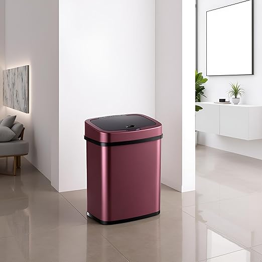 DZT-12-5 12L Stainless Steel Smart Waste Bin with Motion Sensor | Touchless Auto-Open Lid & Soft-Close for Bathroom, Kitchen & Office (Burgundy)