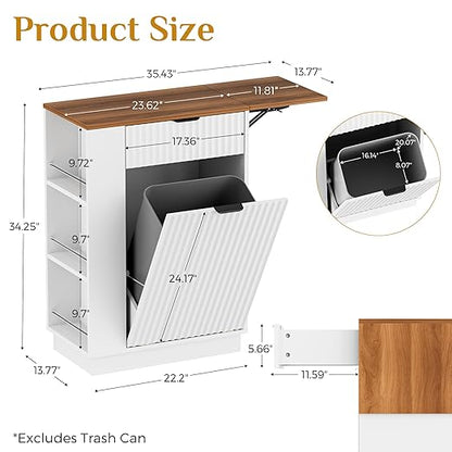Kitchen Island Tilt-Out Trash Can Cabinet, 10 Gallon Fluted Laundry Hamper Cabinet with Drawers, Multipurpose Kitchen, Bathroom, Living Room Wooden Trash Bin