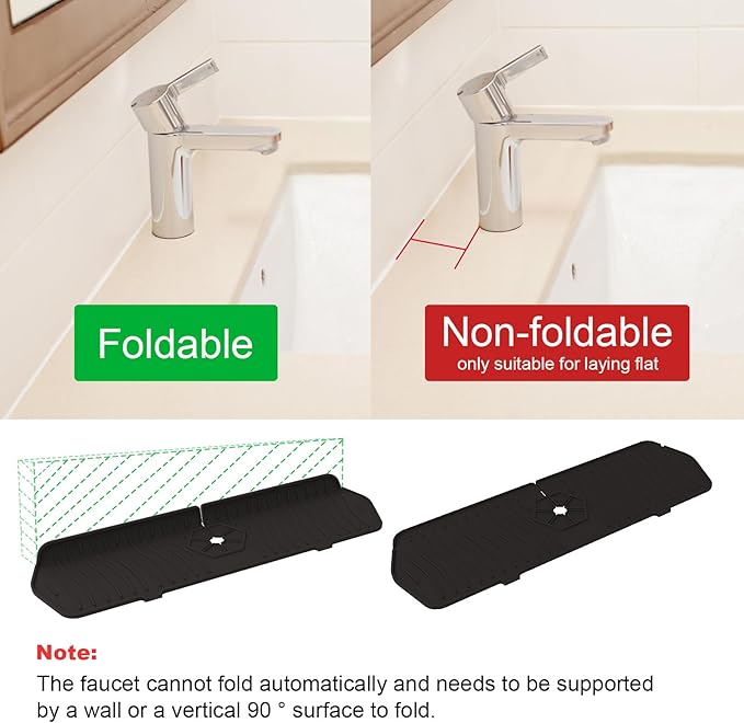 Faucet Guard - 90 Foldable Drain Mat for Kitchen & Bathroom with 2 Drain Ports (Black, 17.7"*5.66")