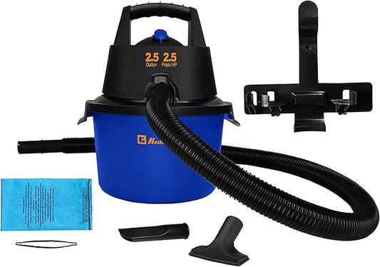 Koblenz Wet Dry Vacuum Cleaner, 2.5 Gallon 2.5 PHP, 60 CFM, 10 ft Reach, TWIST-N-LOCK Hose, Wall Mount, Small Shop Vac, Portable Shop Vac for Home Car Garage, Accessories Included, Blue/Black, WD-2.5L