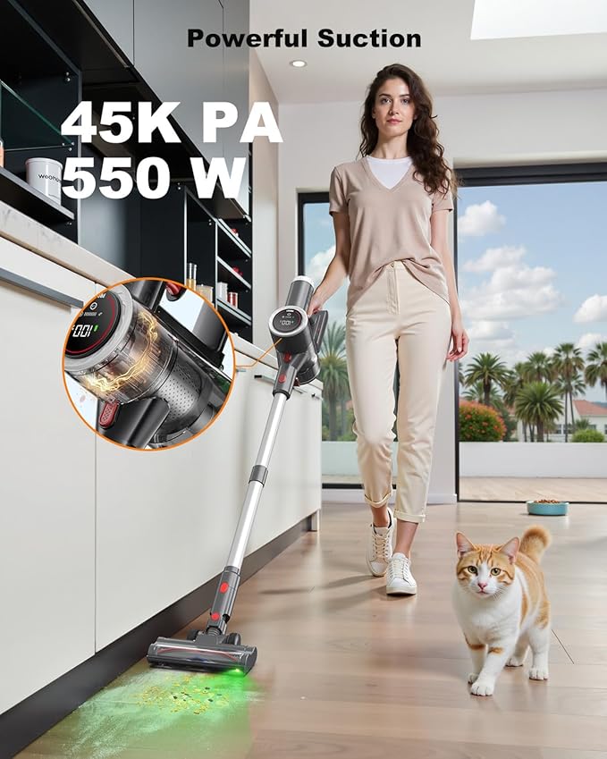 Cordless Vacuum Cleaner, Stick Vacuum Rechargeable, 550W 45KPA Powerful Suction Lightweight Vacuum Cleaners for Home, Anti-Tangle, Self Standing for Pet Hair Hardwood Floor Carpet - Sliver
