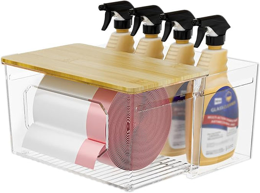 Trash Bag Holder 2-in-1 Under Sink Organizer, Acrylic Trash Bag Dispenser with Bamboo Lid and Pull-Out Basket for Cleaning Supplies, Space Saving Garbage Bag Holder for Kitchen Laundry Room Storage