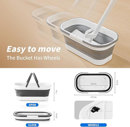 Oshang Flat Mop and Collapsible Bucket OG7 with Wheels, 2 Washable Reusable Microfiber Pads, Pure White
